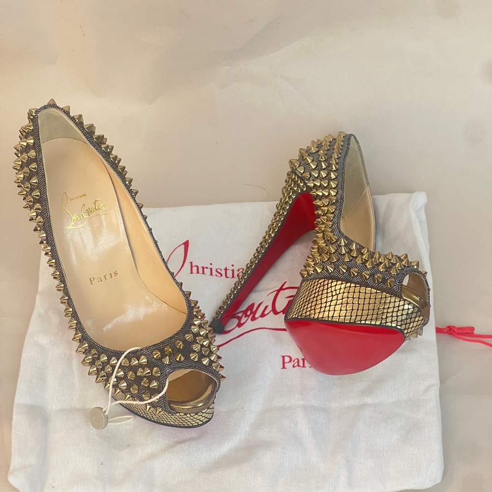 Christian Louboutin Metallic Spiked Peep Toe Heels